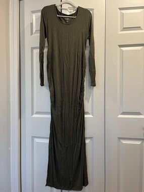 Isabel Maternity Long Sleeve Olive Green Maxi Dress w/ rouched and side slits